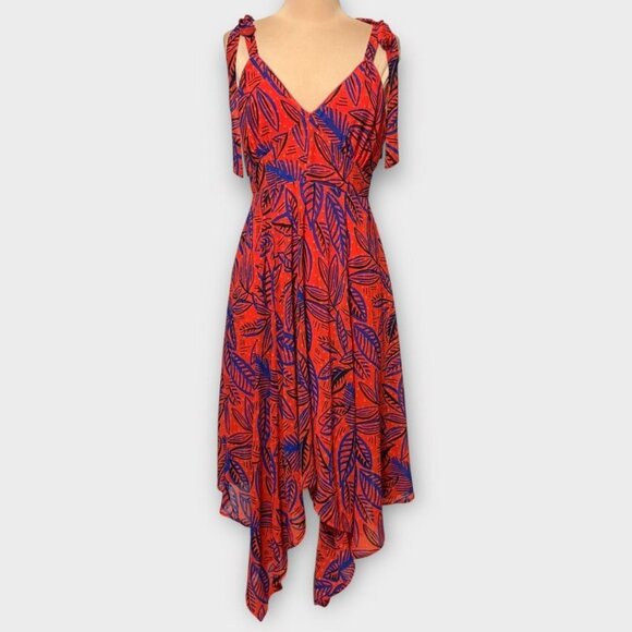Alexis Midi Dress S Red Blue Tie Shoulder Asymmetric Hem EUC Tropical Target - Picture 6 of 6